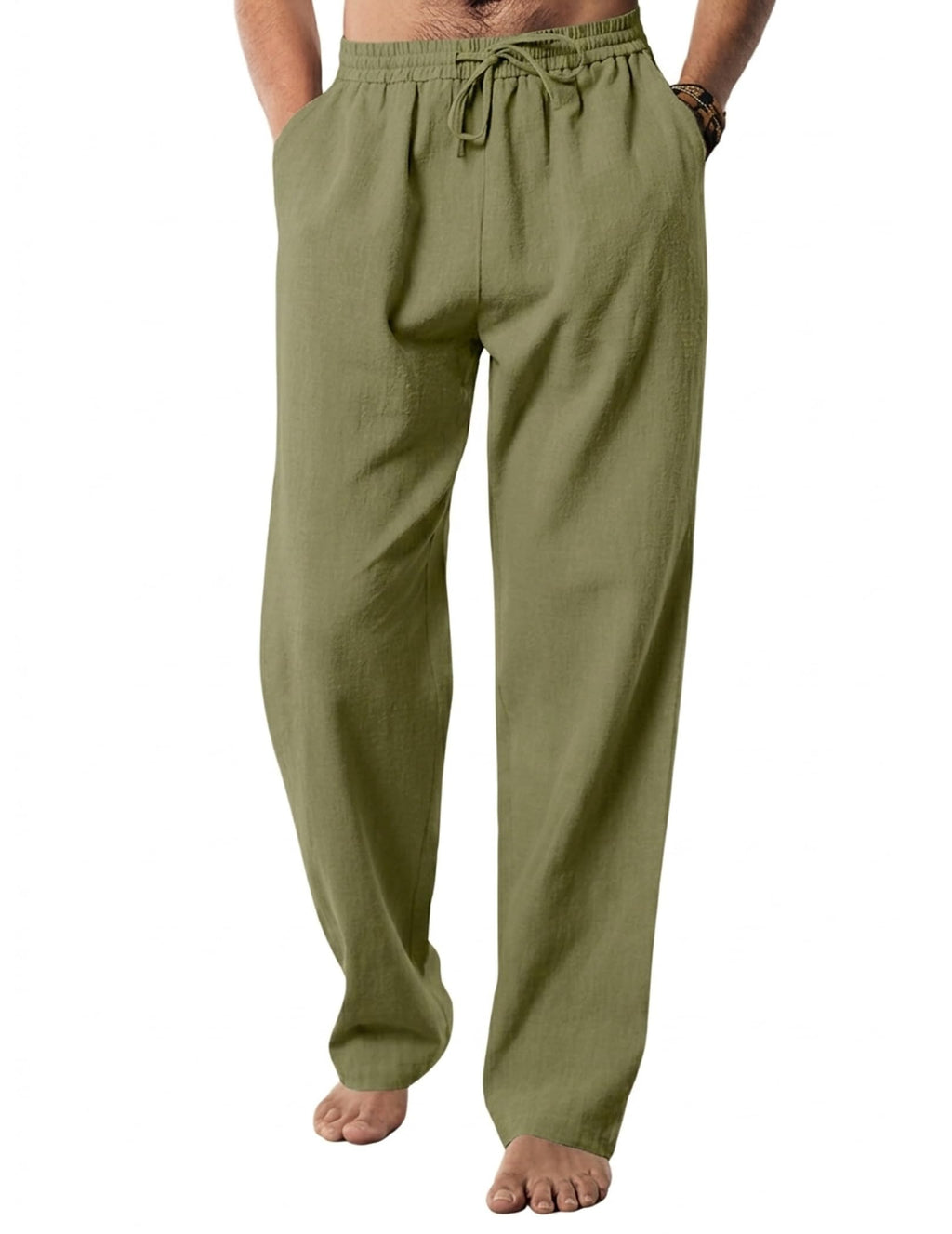 Men's Linen Trousers Relaxed Fit Elastic Waist Drawstring – Green 3XL